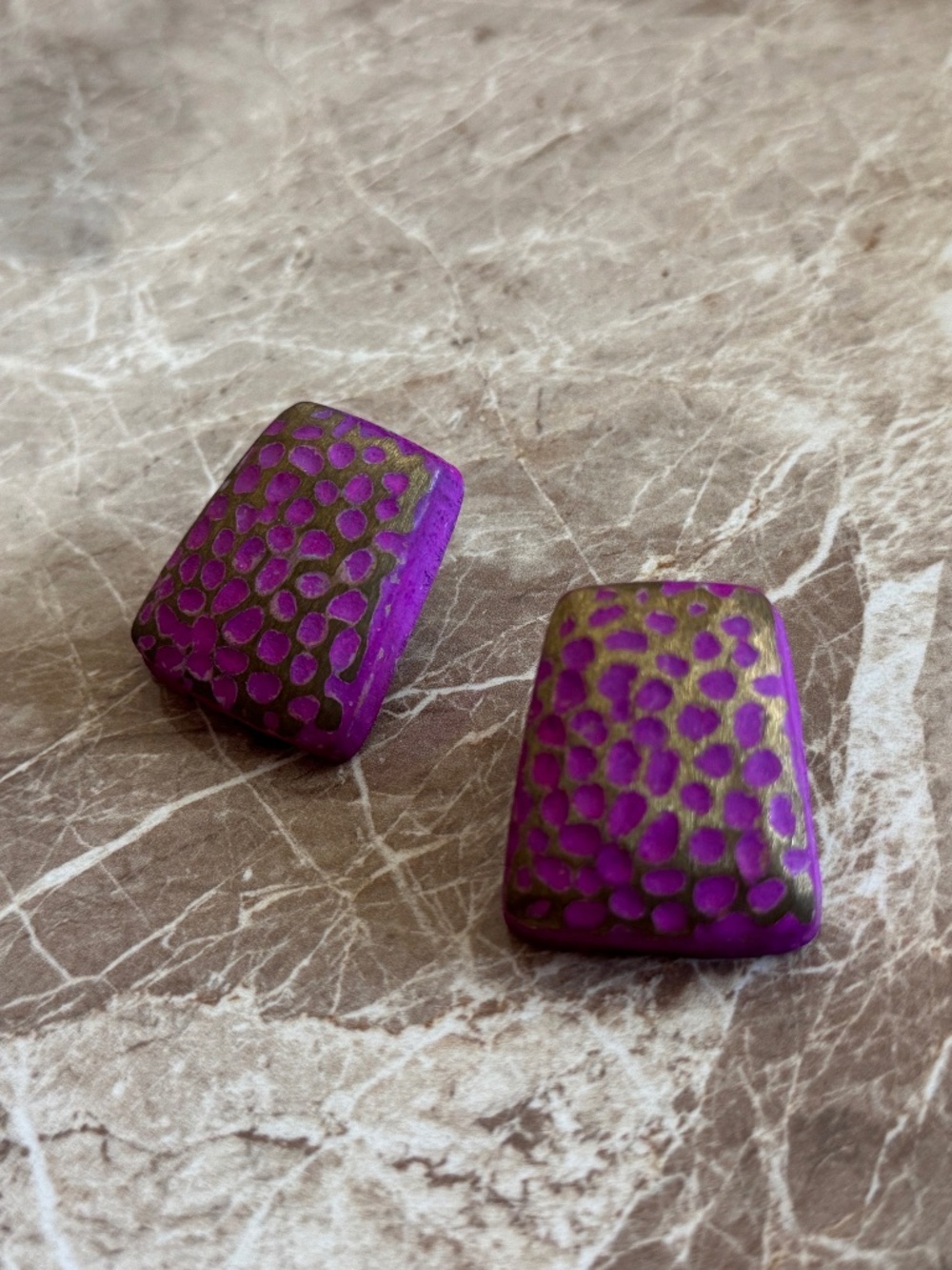 Vintage 1980s purple flock and metal earrings, hollow lightweight textured
